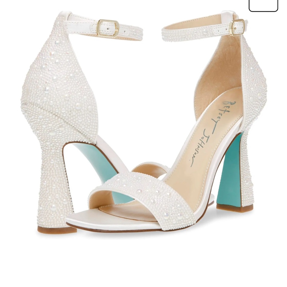 Betsey Johnson Pearl-Embellished Ivory Block Heel Sandals - Picture 3 of 6